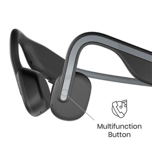 Shokz bone conduction headphones highlighting the location of the multifunction button