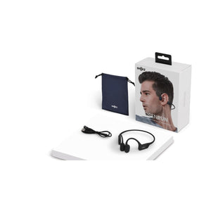 Shokz OpenRun bone conduction headphones with charging cable and carrying pouch in retail packaging