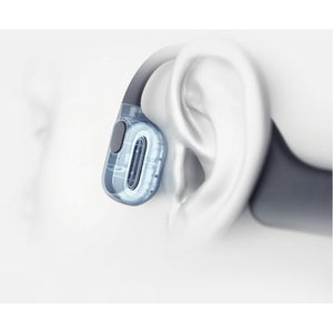Shokz open ear headphones worn on ear