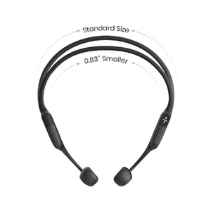 Shokz bone conduction headphones showing standard size compared to a 0.83 inch smaller version