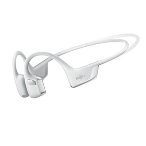 White Shokz bone conduction headphones with a wraparound headband