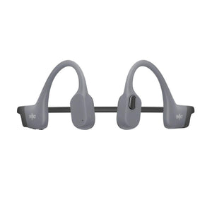 Grey Shokz bone conduction headphones viewed from the front