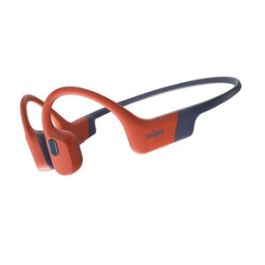 Shokz bone conduction headphones in orange and dark blue