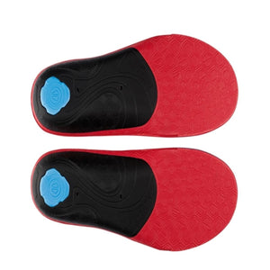 Pair of red and black shoe insoles with blue heel adjustment dials