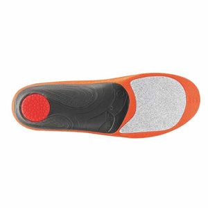 Orange and black shoe insole with a red heel cushion and grey textured forefoot