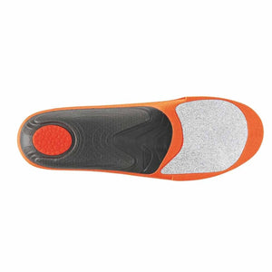 Orange and black shoe insole with a textured heel pad and grey forefoot insert