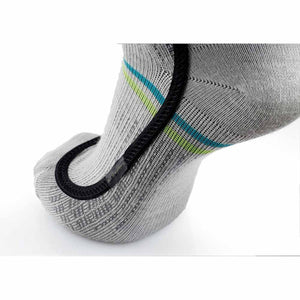 Close up of grey Thermic sock heel with black trim and blue and green stripes