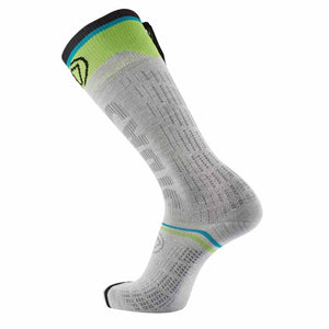 Sidas grey knee high ski sock with green and blue trim