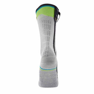 Grey crew sock with green and blue trim and black side buttons