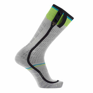 Sidas grey heated ski sock with green cuff and black battery attachment points