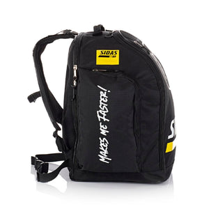 Sidas black backpack with yellow branding and white text on the side pocket