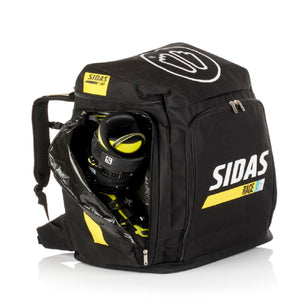 Sidas Race black ski boot backpack with open side compartment showing a ski boot