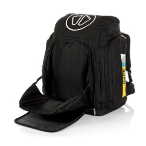 Black backpack with open front compartment and white logo on top