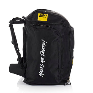 Black Sidas race backpack with shoulder straps and white text on the side