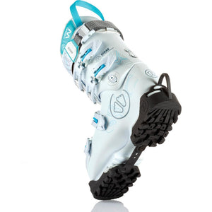 Sidas white ski boot with blue accents and black tread sole