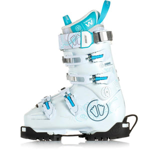 Sidas white ski boot with blue accents and topographic line patterns