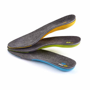 Three Sidas shoe insoles with yellow green and blue arch supports stacked on white background