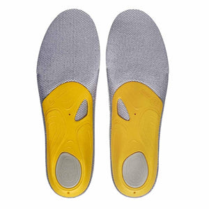 Pair of grey and yellow shoe insoles with textured surface and heel cushioning