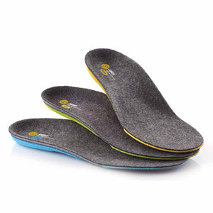 Three Sidas grey felt insoles with blue green and yellow arch support bases