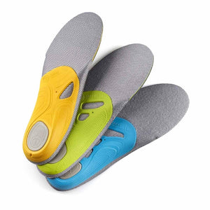 Three Sidas insoles with yellow green and blue arch supports on a white background