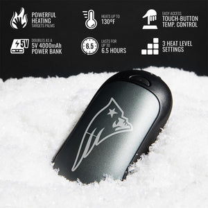 ActionHeat hand warmer with New England Patriots logo on snow with feature icons