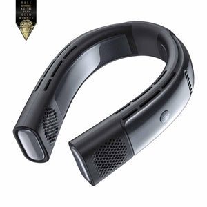 Torras black wearable neck fan with Muse Design Awards 2023 Gold Winner badge