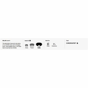 Smith Optics product feature chart showing large fit size for snow and partial sun conditions with ChromaPop technology
