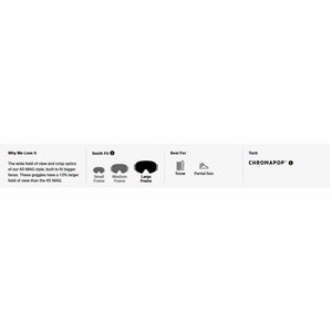 Smith 4D MAG goggle fit guide showing large frame size for snow and partial sun conditions with ChromaPop technology