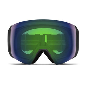 Smith ski goggles with a green reflective lens and black frame