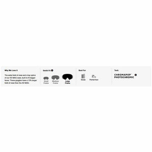 Smith goggles feature chart showing large fit for snow and partial sun with ChromaPop photochromic lens technology