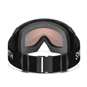 Smith snow goggles with black frame and strap and rose tinted lens