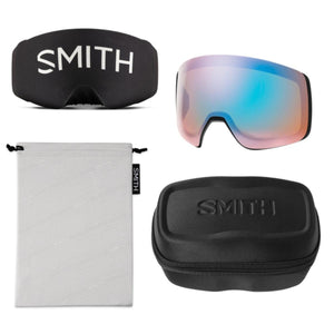 Smith Optics snow goggles with protective lens cover, microfiber bag, and hard carrying case