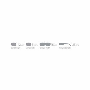 Diagram showing eyewear dimensions including lens height 42mm lens width 61mm bridge width 16mm and temple length 125mm