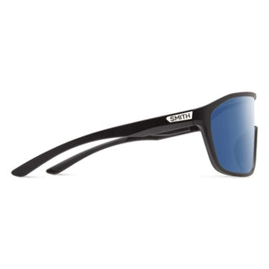 Smith Optics black sunglasses with blue mirrored lenses viewed from the side