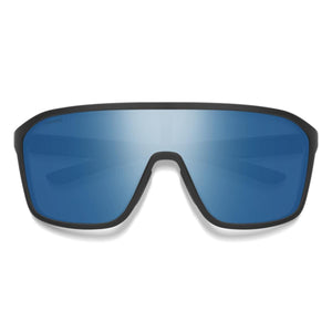 Smith Optics sunglasses with black frames and blue mirrored shield lenses