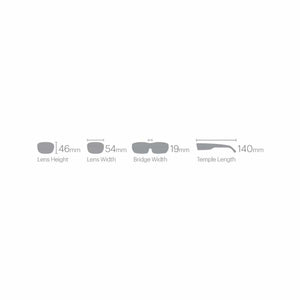 Smith Optics eyewear sizing diagram showing lens height width bridge width and temple length in millimeters