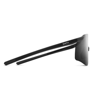 Side profile of black Smith Optics sunglasses with dark lenses