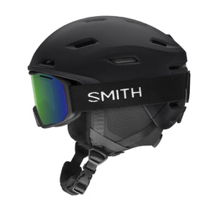 Smith Optics matte black ski helmet with green tinted goggles