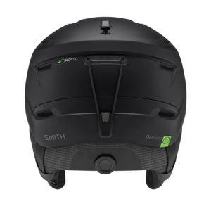 Back view of matte black Smith Optics ski helmet with goggle strap clip and adjustable dial