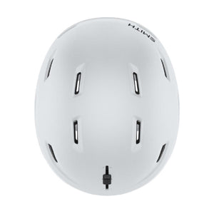 Top view of a white Smith Optics ski helmet with ventilation slots