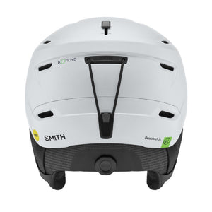 Back view of white Smith Optics Descend Jr ski helmet with goggle strap and adjustment dial
