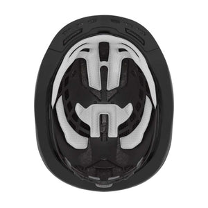 Interior view of a black bicycle helmet showing the adjustable fit system and white padding