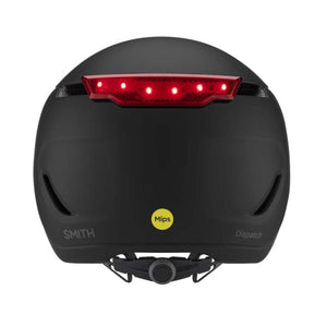 Back view of matte black Smith Dispatch bike helmet with integrated red LED light and Mips safety system