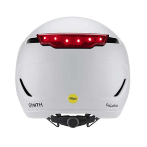 Rear view of white Smith Optics Dispatch Mips bike helmet with integrated red tail light
