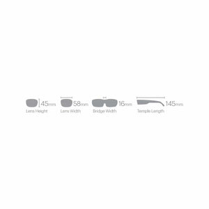 Smith Optics eyewear sizing diagram showing lens height width bridge width and temple length measurements