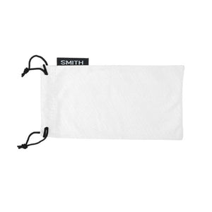 White Smith Optics microfiber eyewear storage pouch with black drawstring