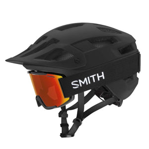 Smith Optics matte black mountain bike helmet with orange tinted goggles