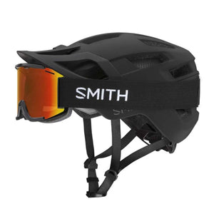 Smith Optics matte black mountain bike helmet with orange tinted goggles