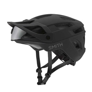 Matte black Smith Optics mountain bike helmet with integrated visor and adjustable chin strap