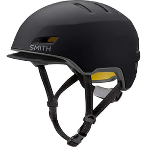 Matte black Smith Optics cycling helmet with visor and yellow interior accents